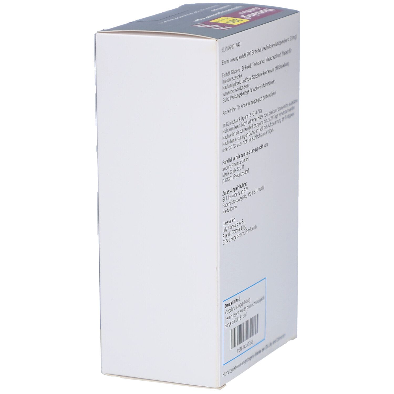 Seitenansicht der Humalog KwikPen Packung. Weiße Verpackung mit Text und Barcode.