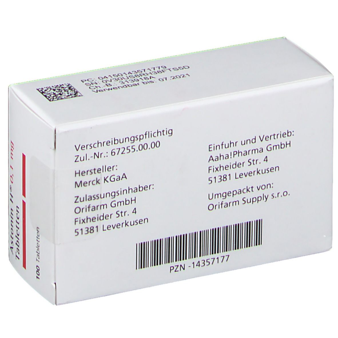 Rückseite der Tablettenbox. Text: Hersteller, Zul.-Nr., Chargennummer, Verfallsdatum, Barcode. Merck-Logo.
