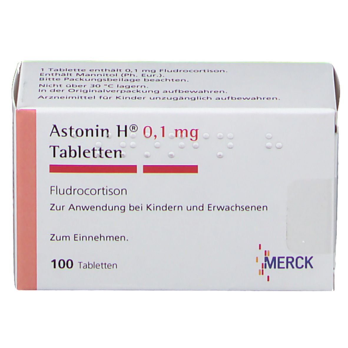 Weiße Tablettenbox mit roter Schrift. Beschriftung: Astonin H 0,1 mg Tabletten, 100 Tabletten. Merck-Logo.