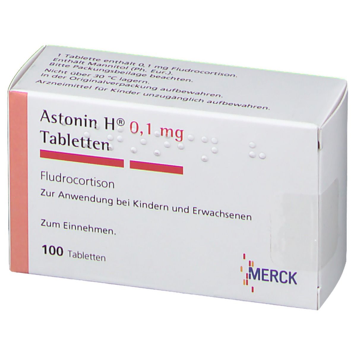 Weiße Tablettenbox mit roter Schrift. Beschriftung: Astonin H 0,1 mg Tabletten, 100 Tabletten. Merck-Logo.