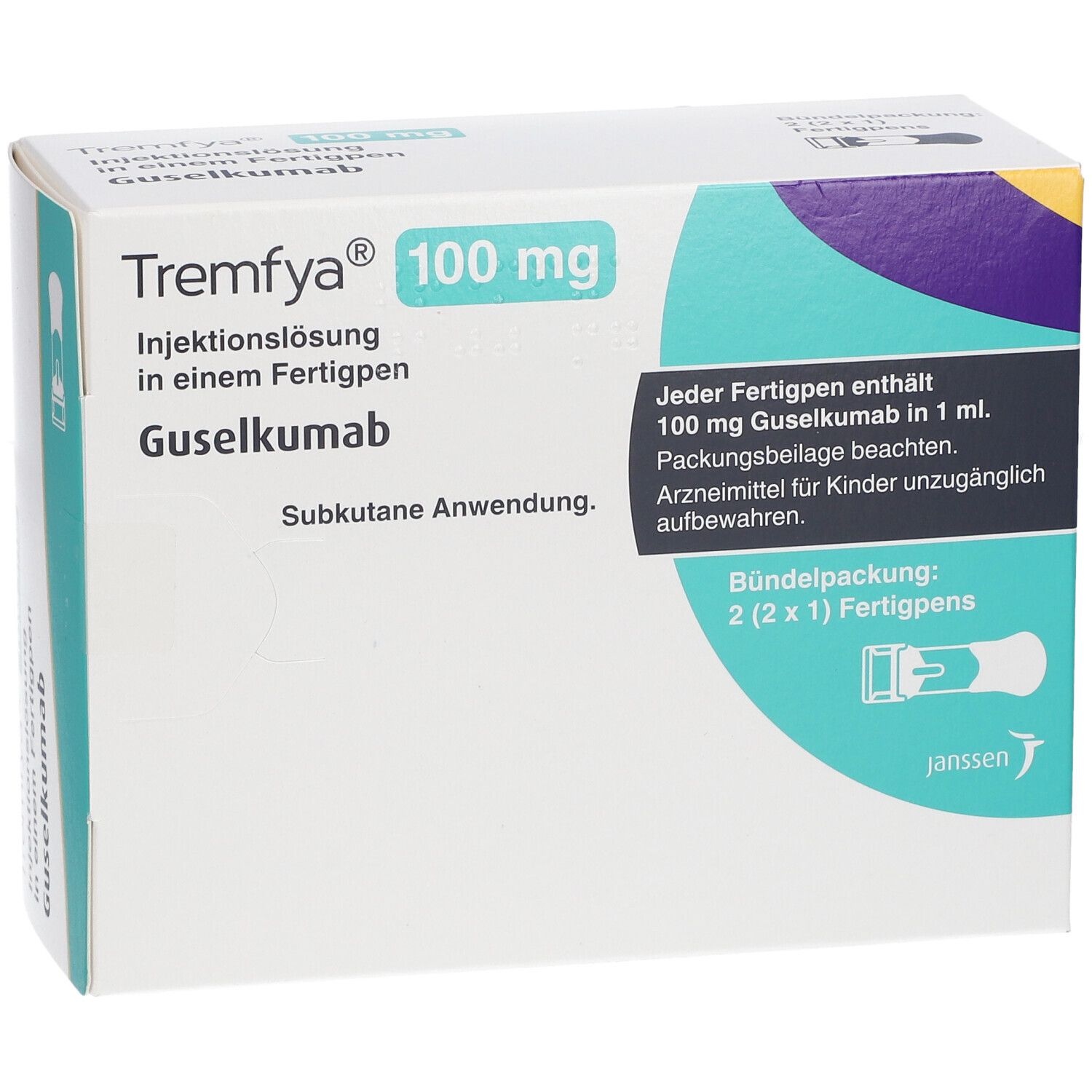 Tremfya 100 mg Injektionslösung in einem Fertigpen. Gedeckelte Packung mit 2 Fertigpens.