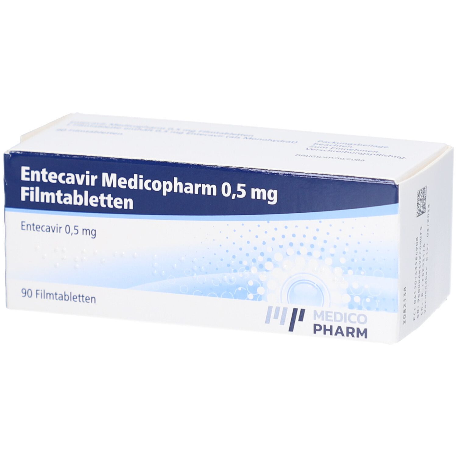 Schachtel mit Entecavir Medicopharm 0,5 mg Filmtabletten. Blaue und weiße Verpackung mit Produktinformationen und Logo.