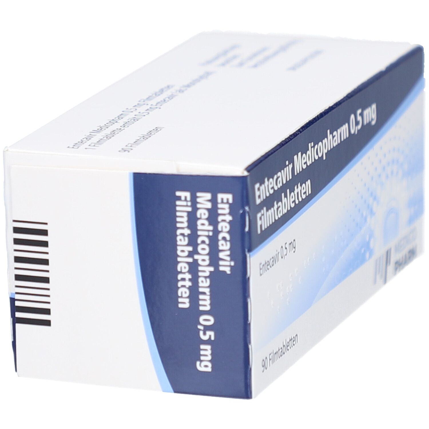 Schachtel Entecavir Medicopharm 0,5 mg Filmtabletten. Blaue und weiße Verpackung. Barcode und Produktinformationen sichtbar.