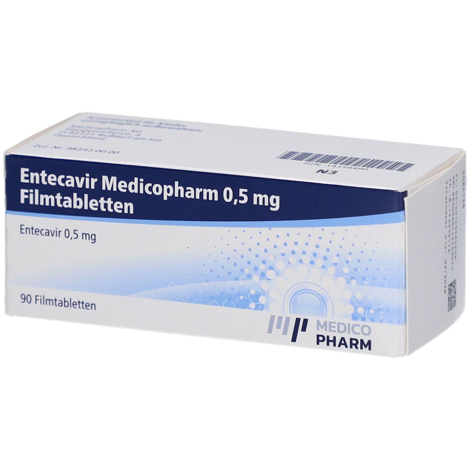 Schachtel mit Entecavir Medicopharm 0,5 mg Filmtabletten. Blaue und weiße Verpackung mit Produktinformationen und Logo.