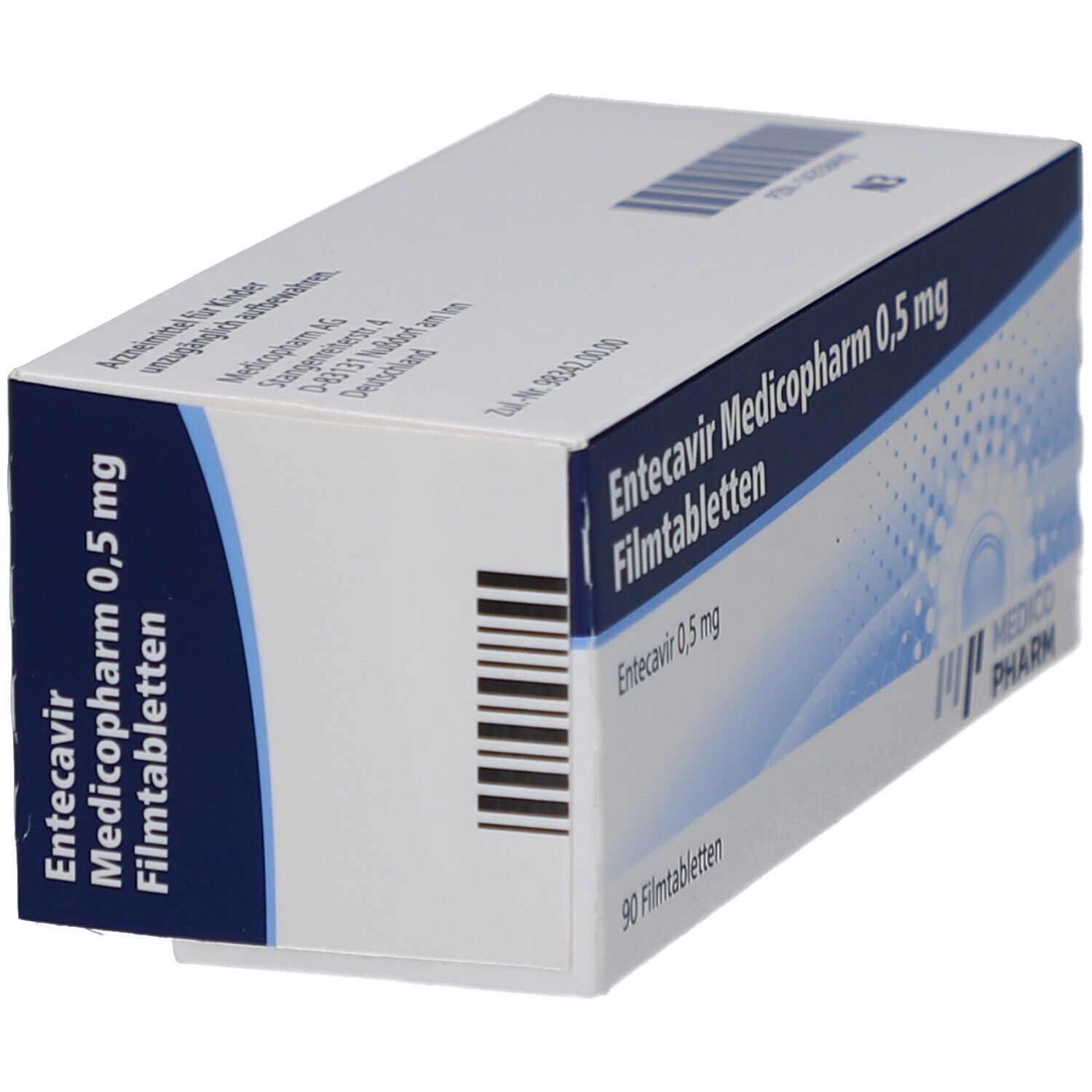 Schachtel Entecavir Medicopharm 0,5 mg Filmtabletten. Blaue und weiße Verpackung. Barcode und Produktinformationen sichtbar.