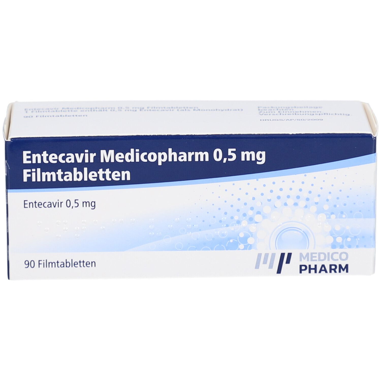 Schachtel mit Entecavir Medicopharm 0,5 mg Filmtabletten. Blaue und weiße Verpackung mit Produktinformationen und Logo.