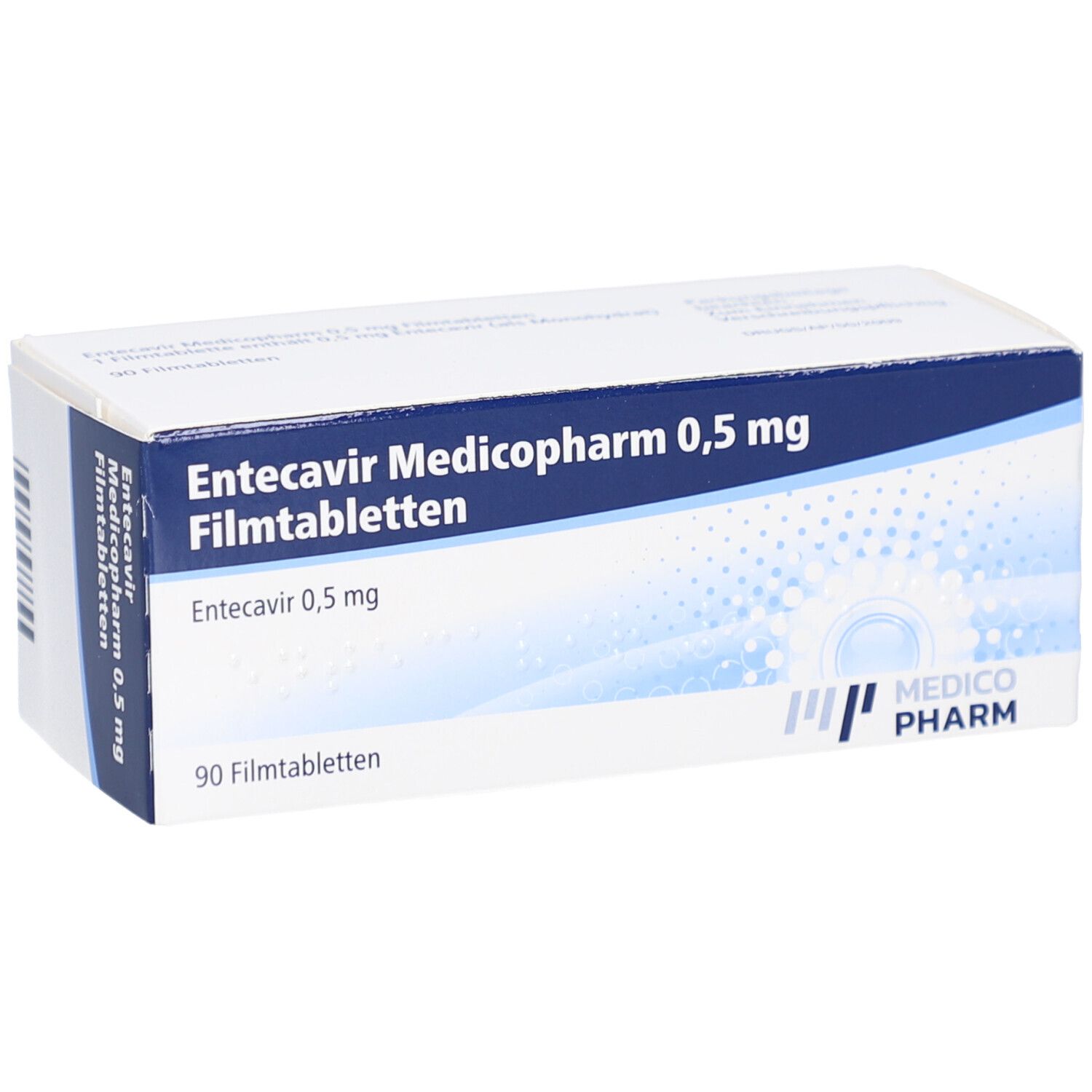 Schachtel mit Entecavir Medicopharm 0,5 mg Filmtabletten. Blaue und weiße Verpackung mit Produktinformationen und Logo.