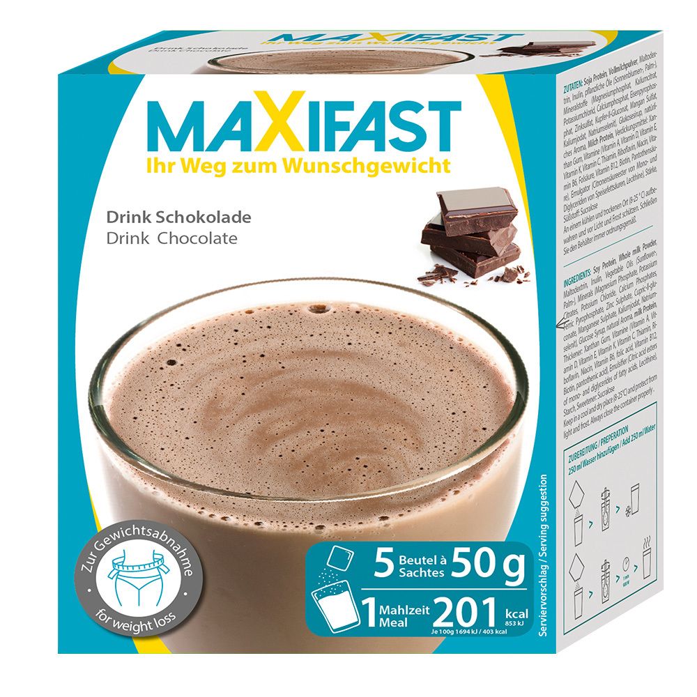 Verpackung von MAXIFAST Drink Schokolade. Zeigt ein Glas Schokoladengetränk, Schokoladenstücke und Informationen zur Gewichtsabnahme.