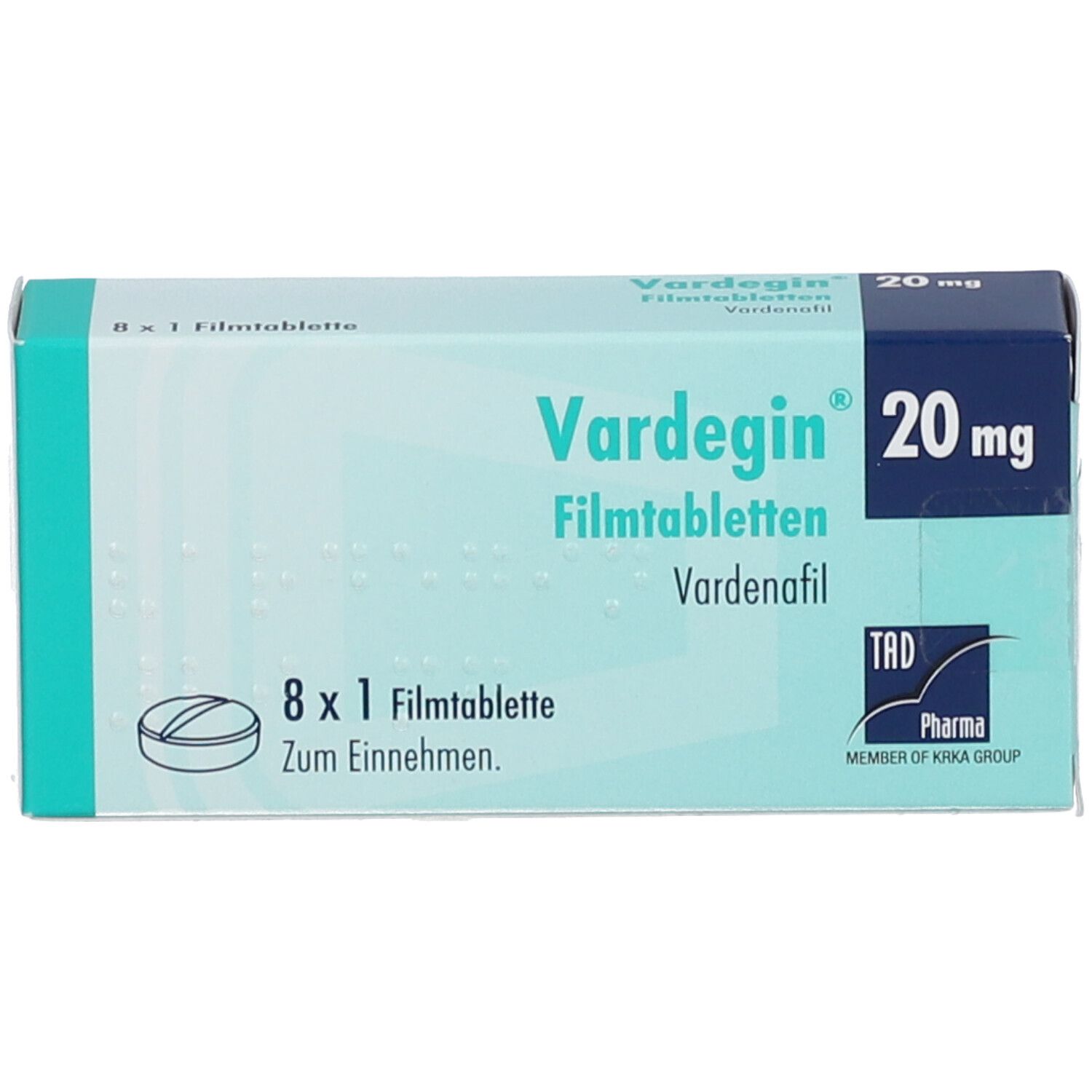 Vardegin 20 mg Packung. Enthält 8 Filmtabletten. Aufschrift: Vardenafil. TAD Pharma.