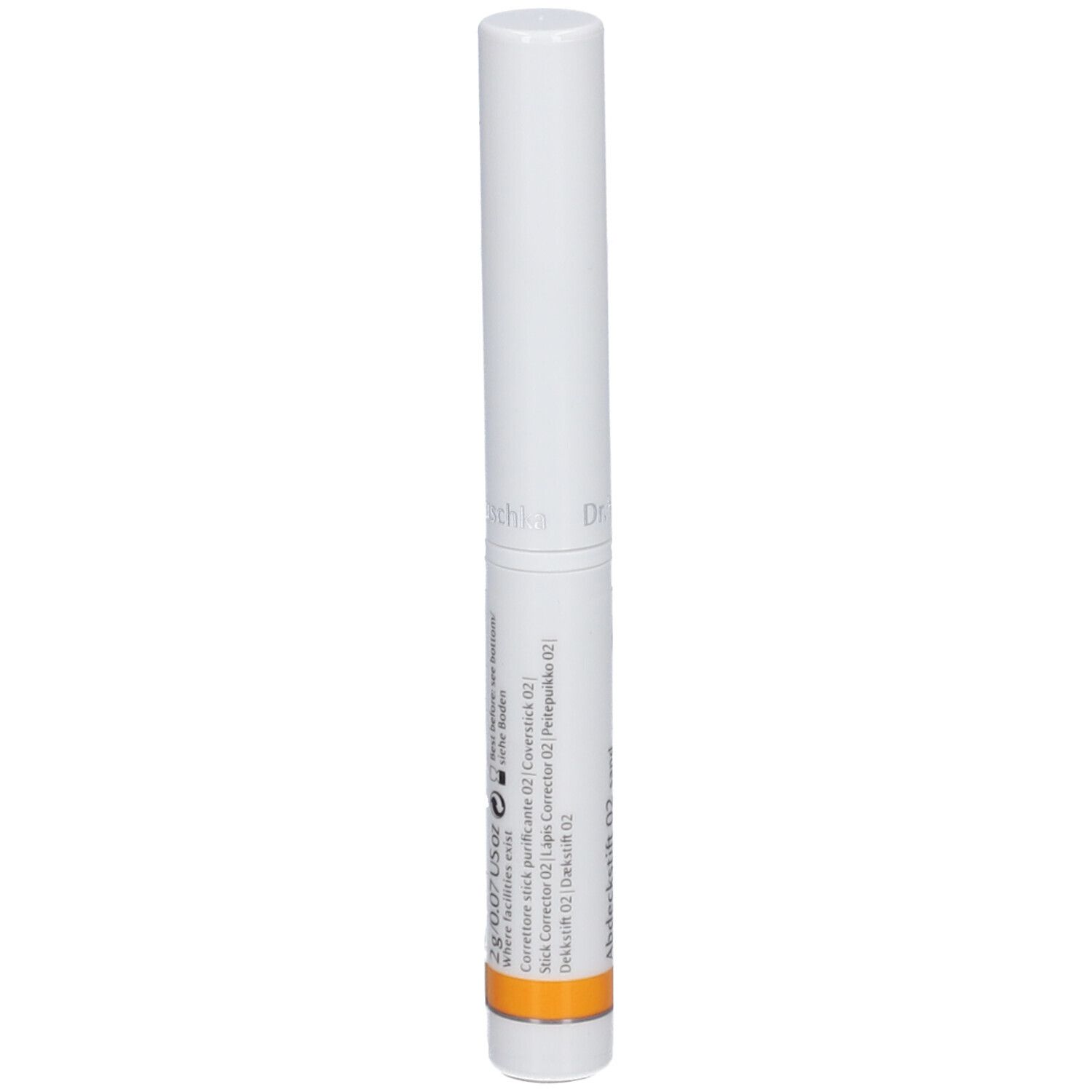 Weißer Stift mit orangefarbenem Streifen. Beschriftung: Abdeckstift 02 sand, Coverstick 02 sand, Stick Correcteur 02 sable.