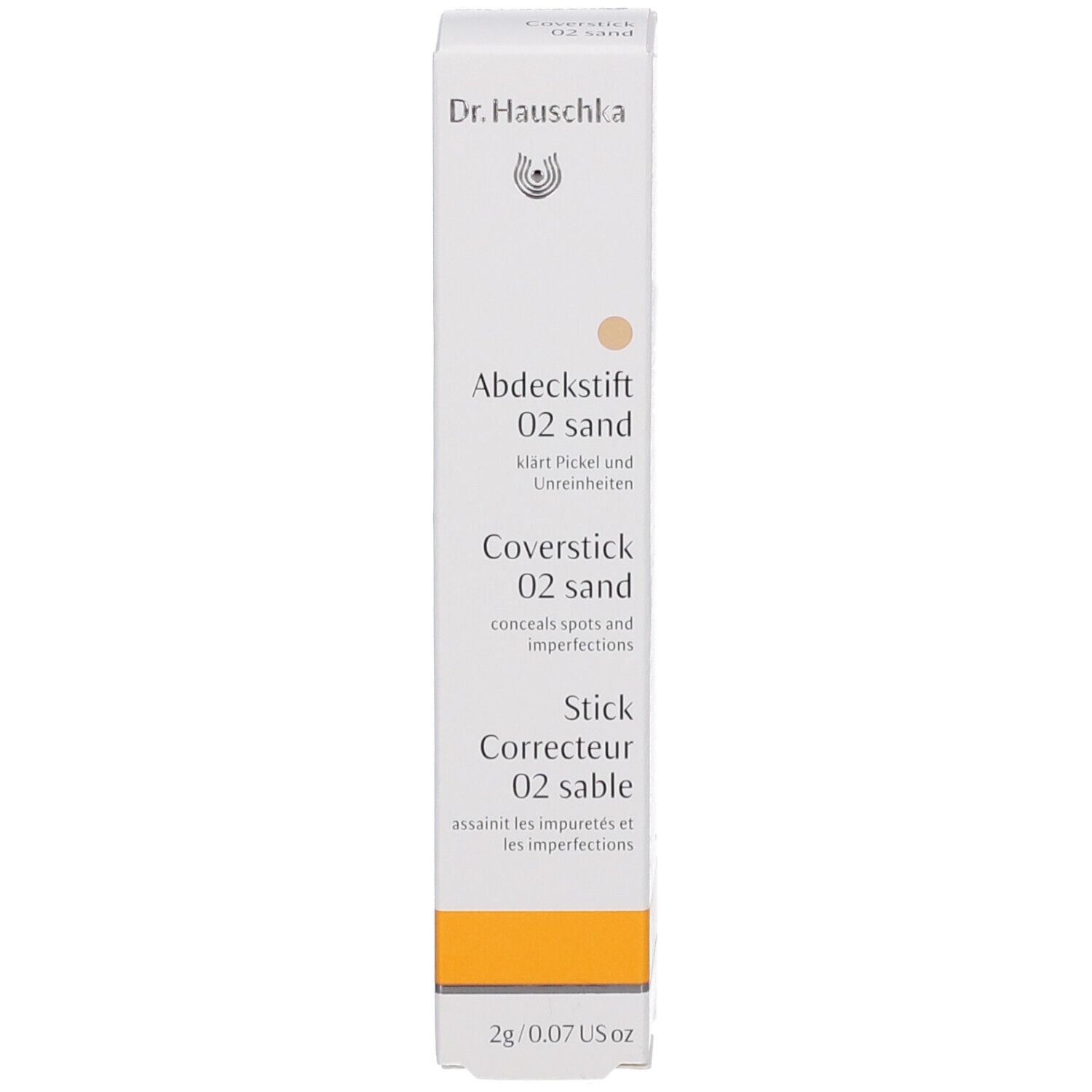 Produktverpackung. Weiß, Beschriftung: Dr. Hauschka, Abdeckstift 02 sand, Coverstick 02 sand, Stick Correcteur 02 sable.
