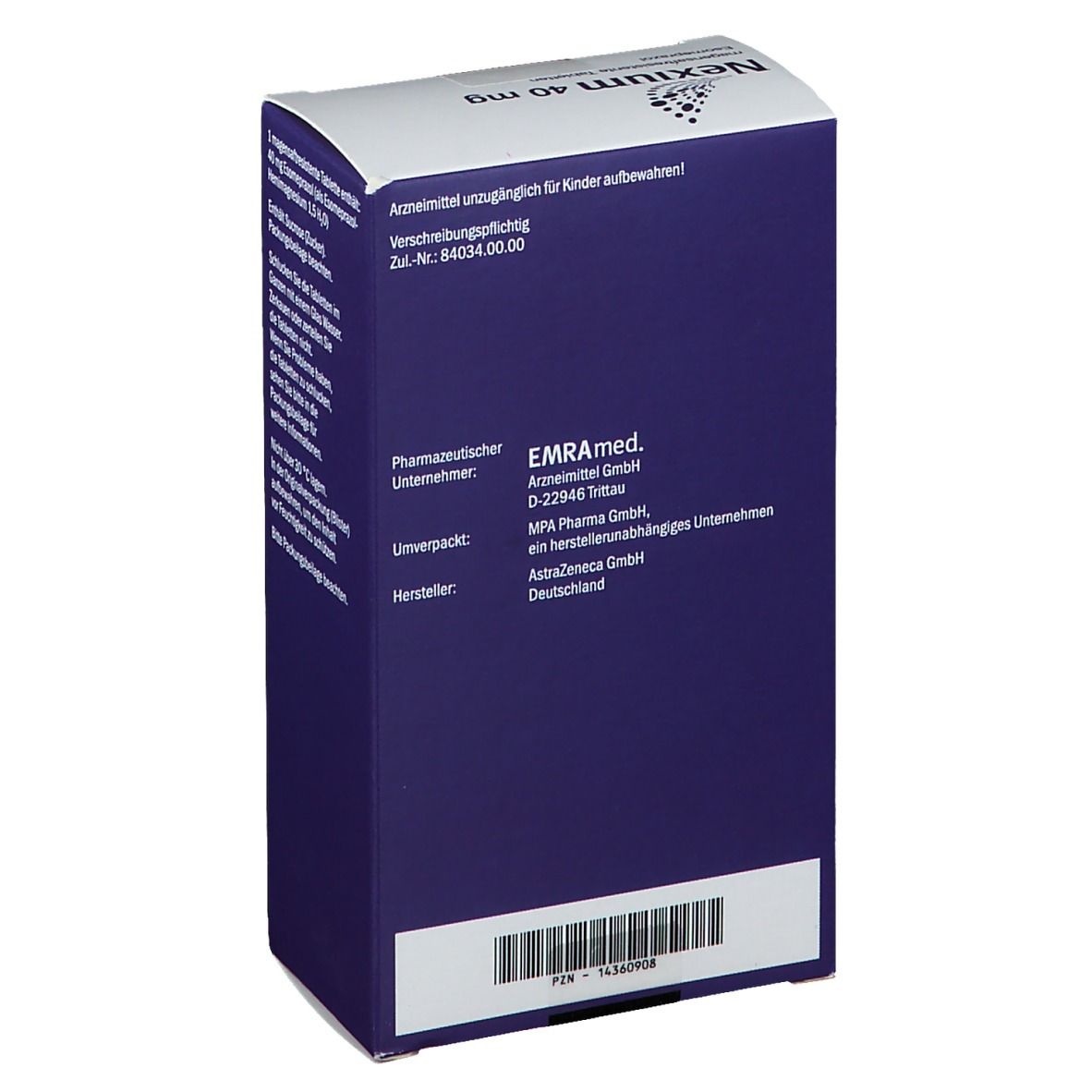 Rückseite der Nexium 40 mg Schachtel. Text: Pharmazeutischer Unternehmer, Hersteller, Chargennummer, EAN-Code.