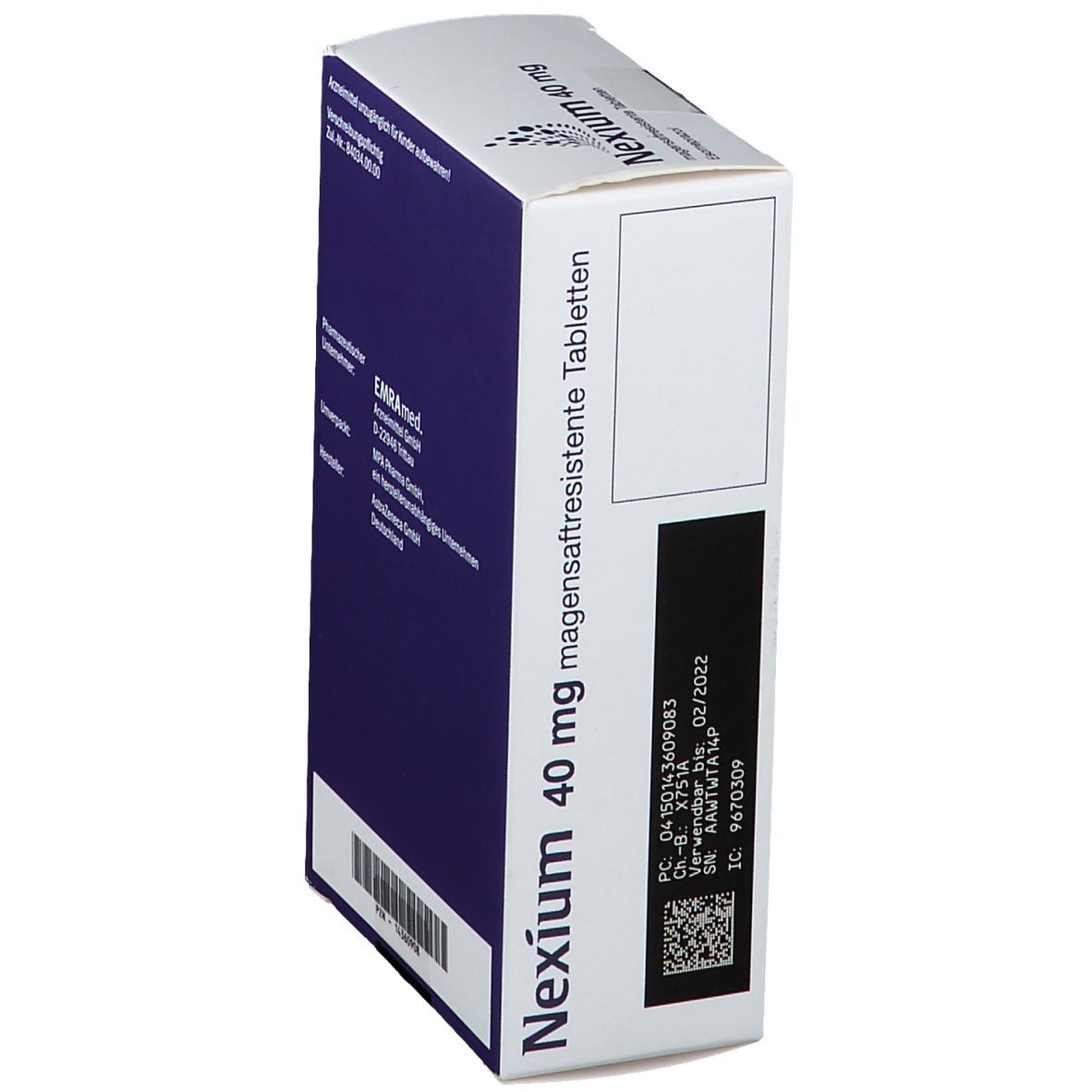 Schachtel Nexium 40 mg. Aufschrift: magensaftresistente Tabletten. Chargennummer, Verfallsdatum, EAN-Code.
