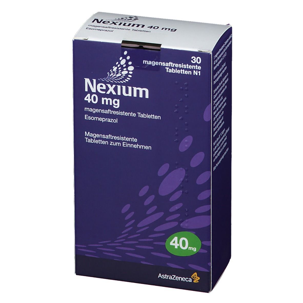 Schachtel Nexium 40 mg. Aufschrift: magensaftresistente Tabletten. 30 Tabletten. AstraZeneca Logo. Lila Hintergrund.