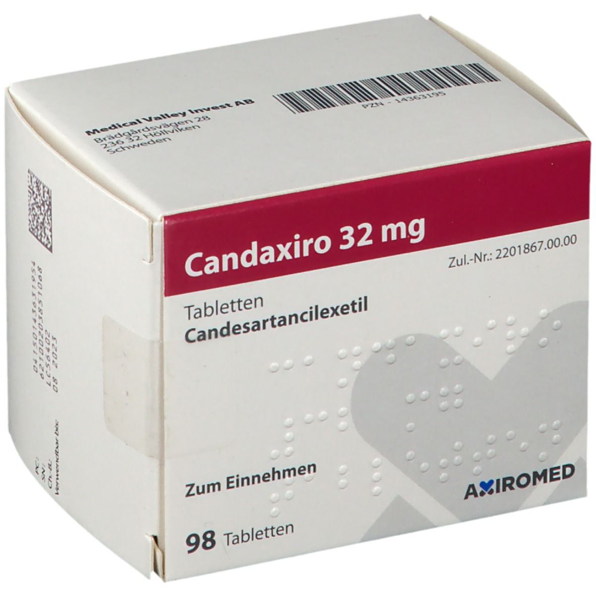 Schachtel Candaxiro 32 mg. Enthält 98 Tabletten. Rote und weiße Verpackung. Text: Candesartancilexetil.