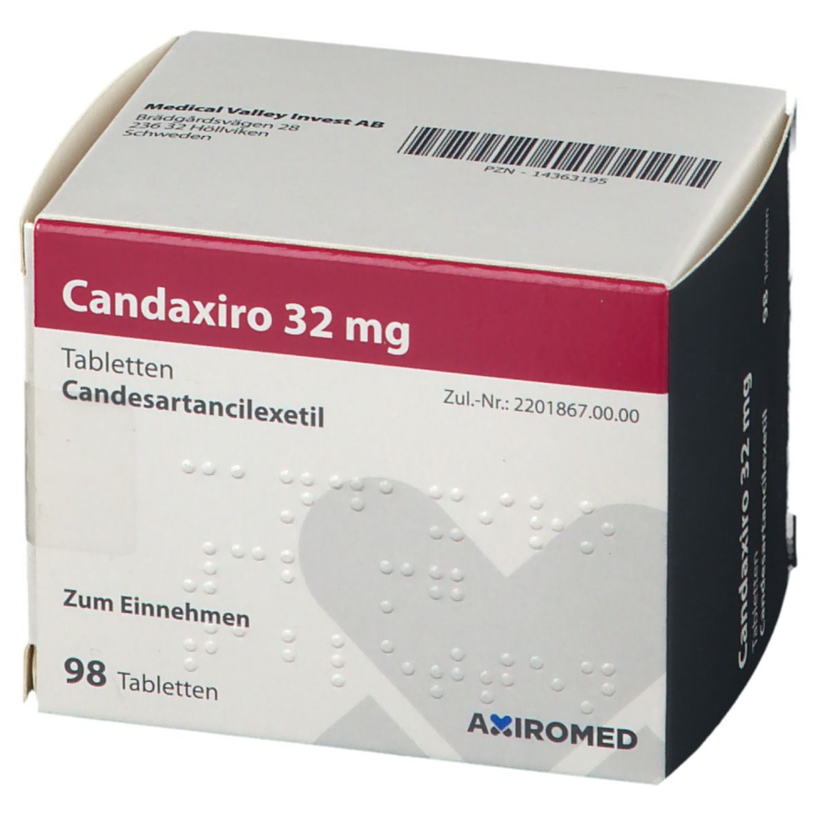 Schachtel Candaxiro 32 mg. Enthält 98 Tabletten. Rote und weiße Verpackung. Text: Candesartancilexetil.