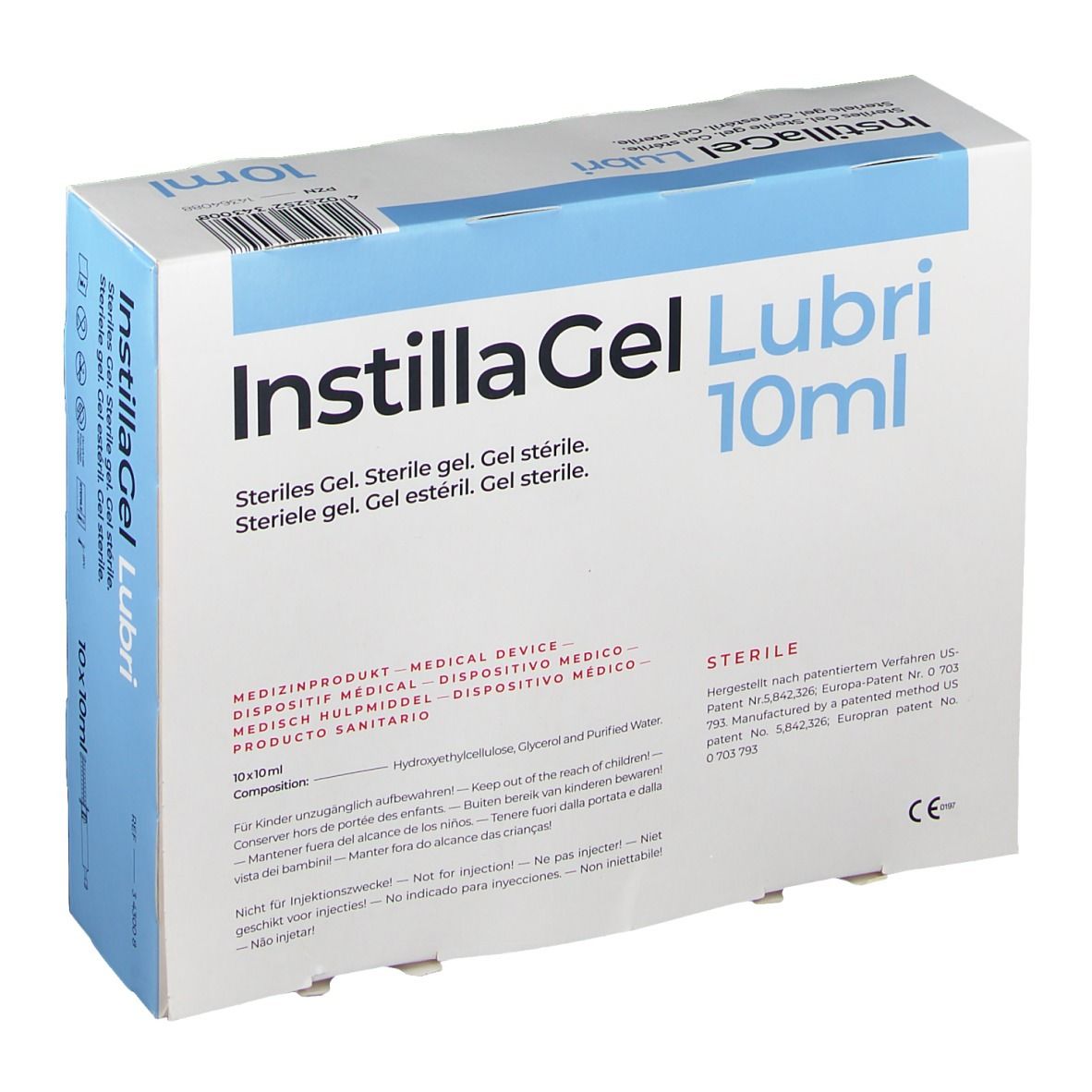 Verpackung von InstillaGel Lubri 10ml. Weißer Karton mit blauen Akzenten. Produktname und Volumen deutlich sichtbar.