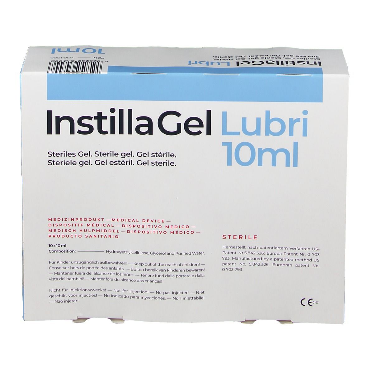 InstillaGel Lubri 10ml Verpackung. Weißer Karton mit blauen Akzenten. Produktname und Volumen deutlich sichtbar.