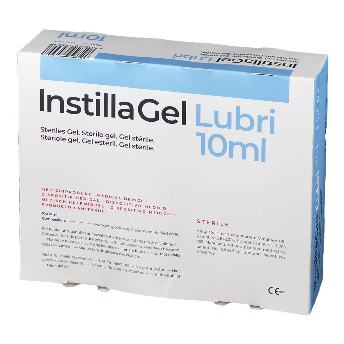 InstillaGel Lubri 10ml Verpackung. Weißer Karton mit blauen Akzenten. Produktname und Volumen deutlich sichtbar.