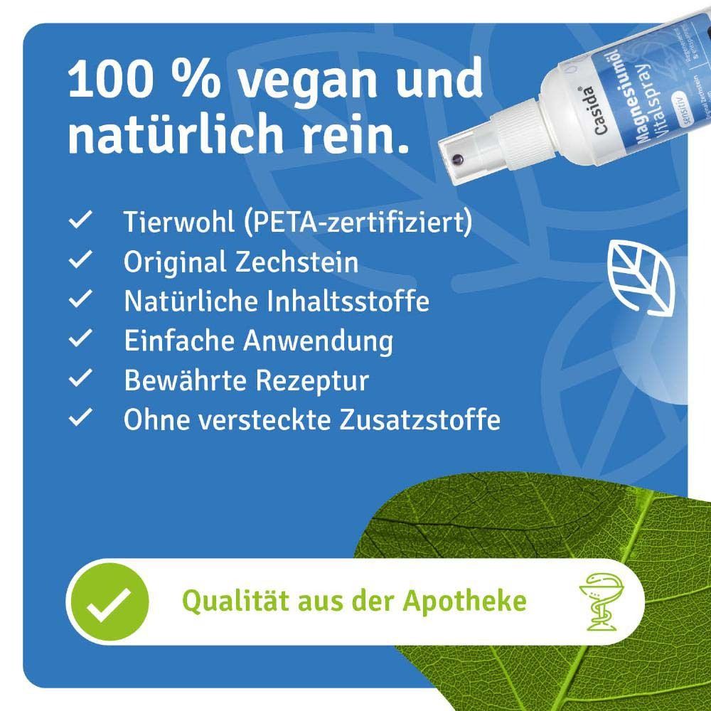 Blauer Hintergrund mit Produkt und Text. Text: 100% vegan und natürlich rein. PETA-zertifiziert, Original Zechstein.