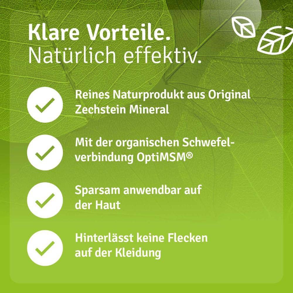 Produkt mit Text: Klare Vorteile. Natürlich effektiv. Vorteile: reines Naturprodukt, OptiMSM, sparsam.