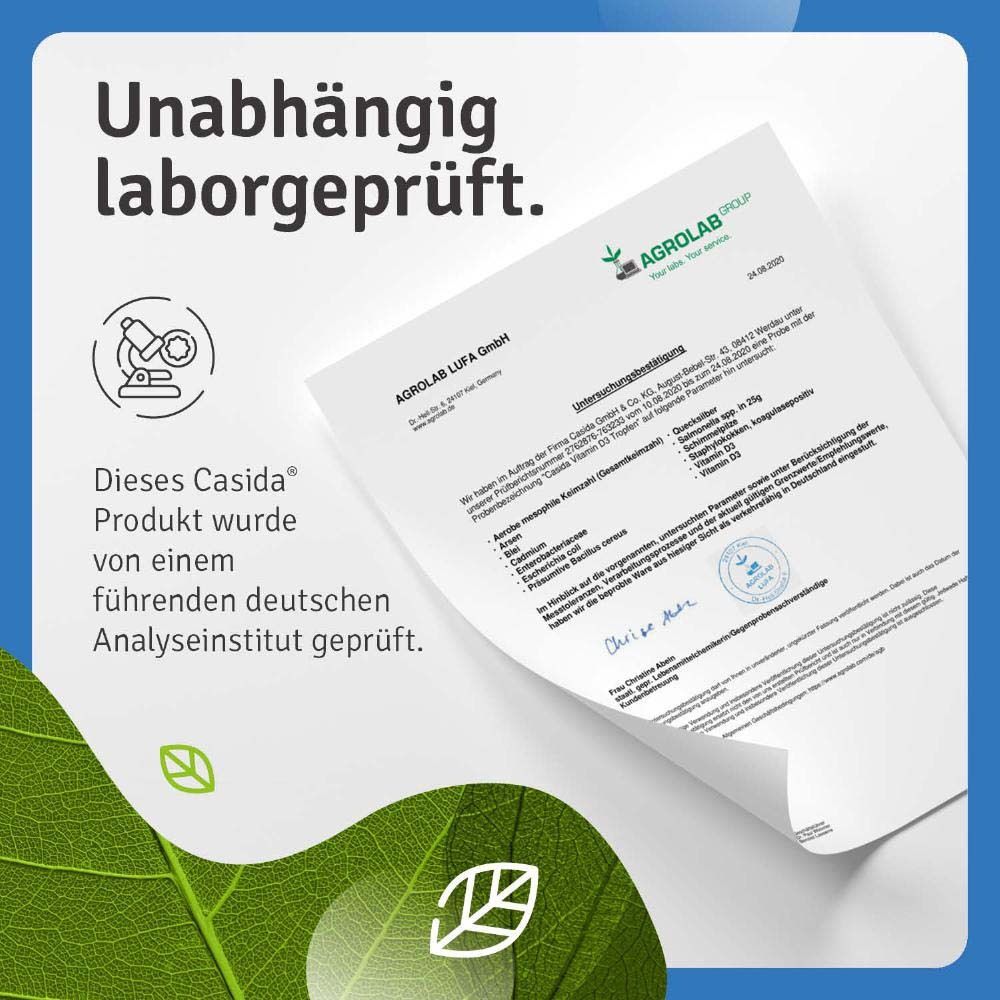 Produkt mit Text: Unabhängig laborgeprüft. Zertifikat von AGROLAB LUFA. Produkt von deutschem Analyseinstitut geprüft.