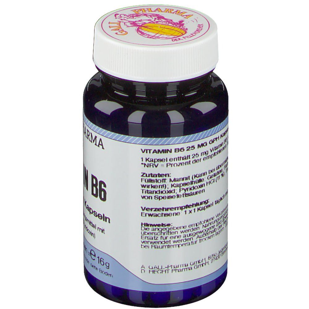Dunkelblaue Flasche mit weißem Deckel. Aufschrift: Vitamin B6 25 mg GPH. Zutatenliste und Verzehrempfehlung sind ebenfalls sichtbar.