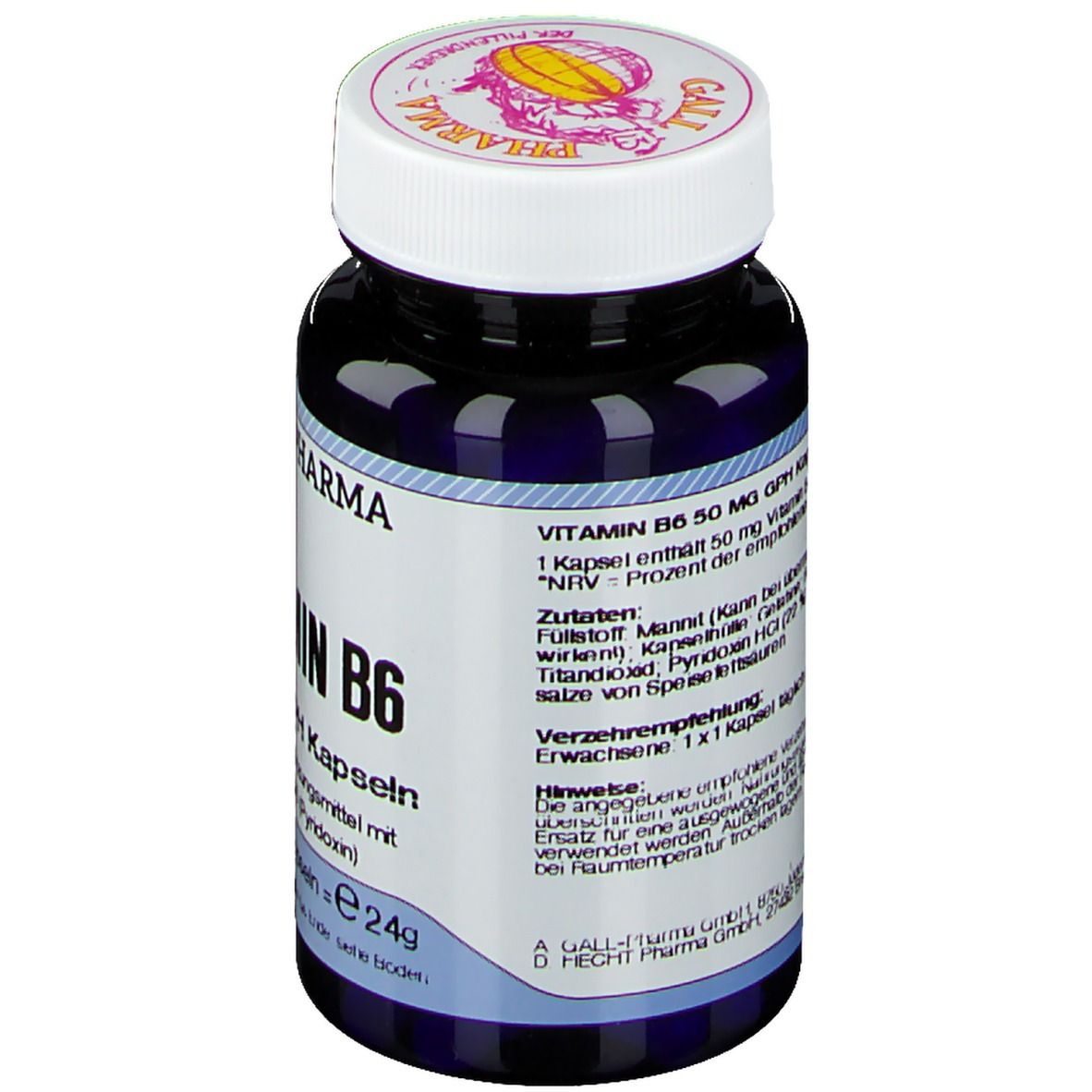 Dunkelblaue Flasche mit weißem Deckel. Aufschrift: GALL PHARMA Vitamin B6 50 mg GPH Kapseln. Detailinformationen.