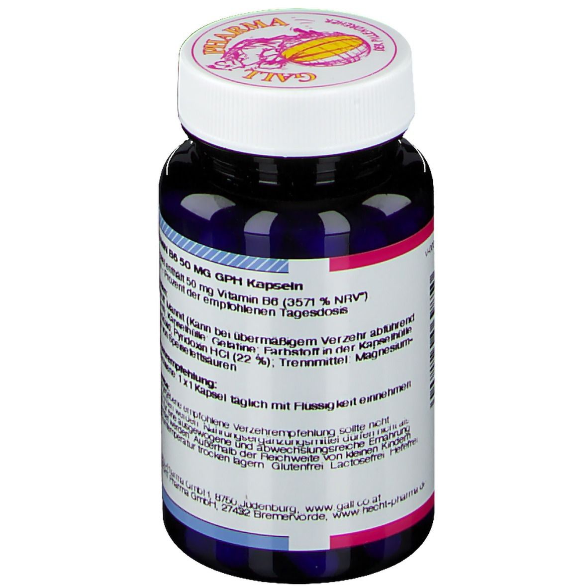 Rückseite der dunkelblauen Flasche mit weißem Deckel. Aufschrift: GALL PHARMA Vitamin B6 50 mg GPH Kapseln. Inhaltsstoffe und Anwendung.