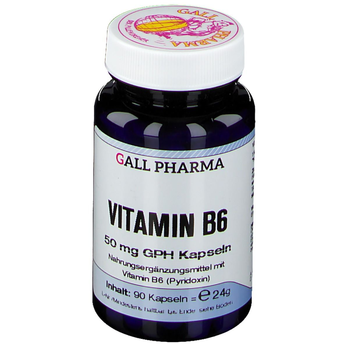 Dunkelblaue Flasche mit weißem Deckel. Aufschrift: GALL PHARMA Vitamin B6 50 mg GPH Kapseln. Inhalt: 90 Kapseln.