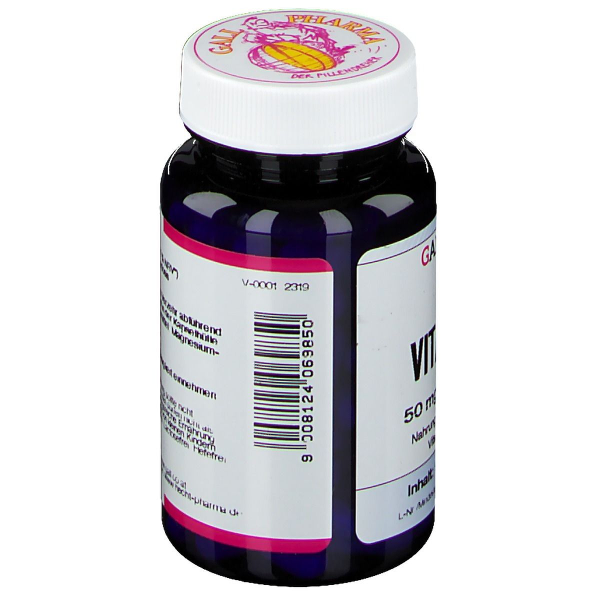 Rückseite der dunkelblauen Flasche mit weißem Deckel. Barcode und Informationen. GALL PHARMA Vitamin B6.