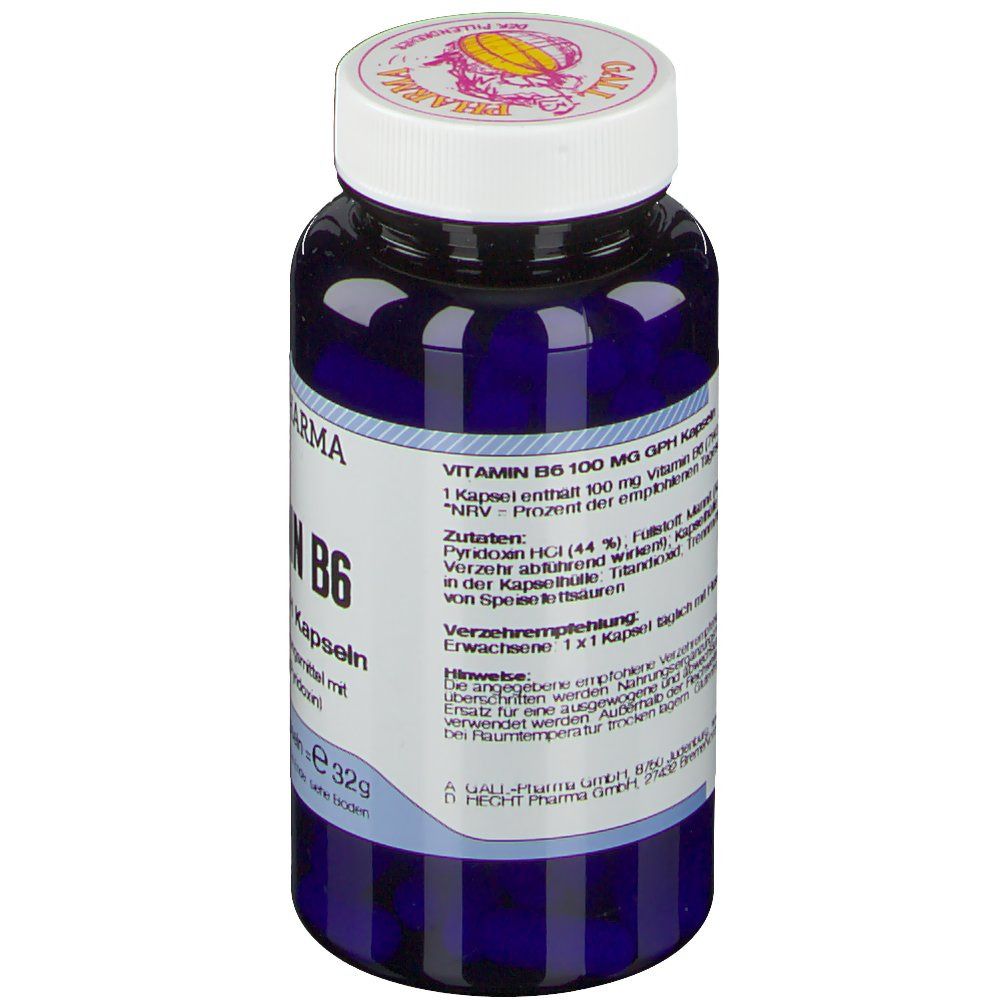 Blaue Flasche mit weißem Deckel. Aufschrift: GALL PHARMA. Text mit Inhaltsstoffen und Verzehrempfehlung. 1 Kapsel enthält 100 mg Vitamin B6.