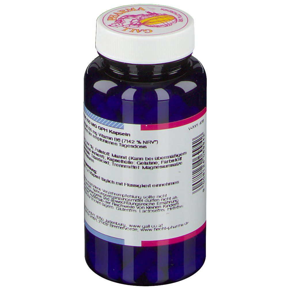 Blaue Flasche mit weißem Deckel. Rückseite mit Text. GALL PHARMA. Verzehrempfehlung und Warnhinweise. Inhaltstoffe: Magnesiumstearat, Gelatine.