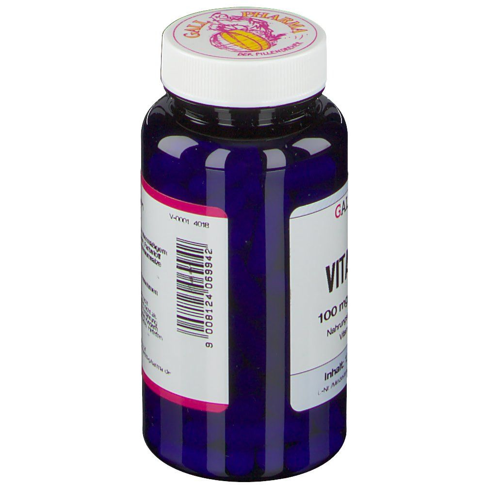Blaue Flasche mit weißem Deckel. Aufkleber mit Barcode und Text. GALL PHARMA. Vitamin B6 100 mg GPH Kapseln. Inhalt: 120 Kapseln.