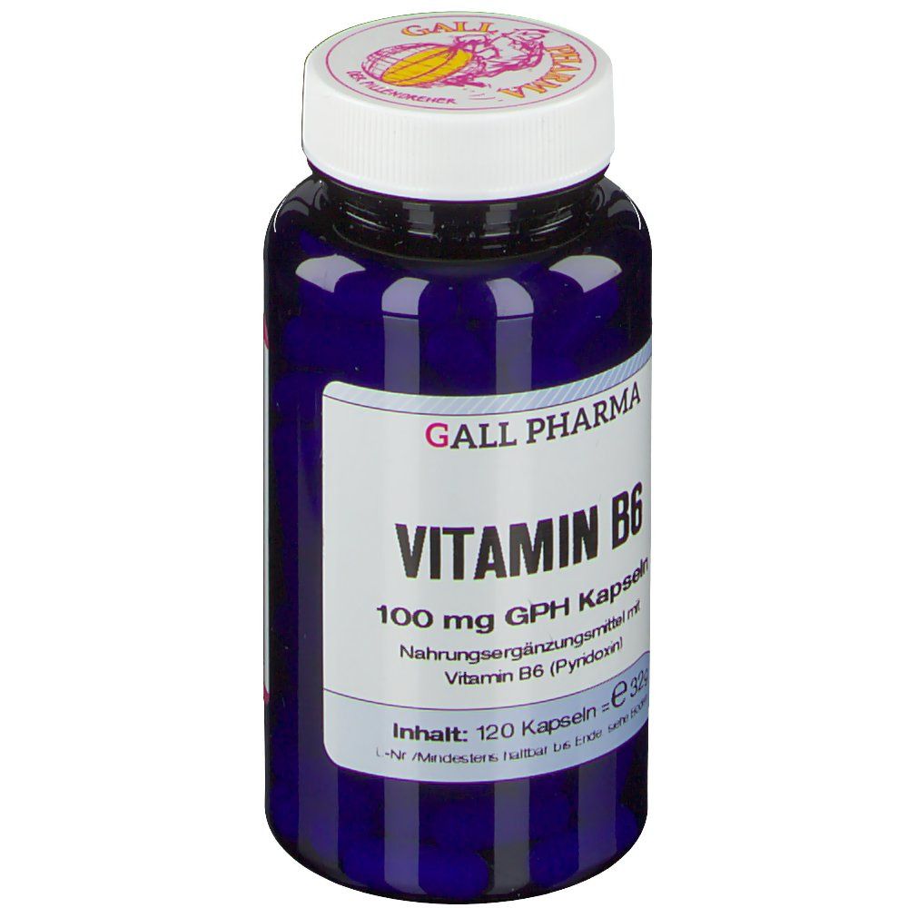 Blaue Flasche mit weißem Deckel. Aufschrift: GALL PHARMA Vitamin B6 100 mg GPH Kapseln. Inhalt: 120 Kapseln. Flasche steht.