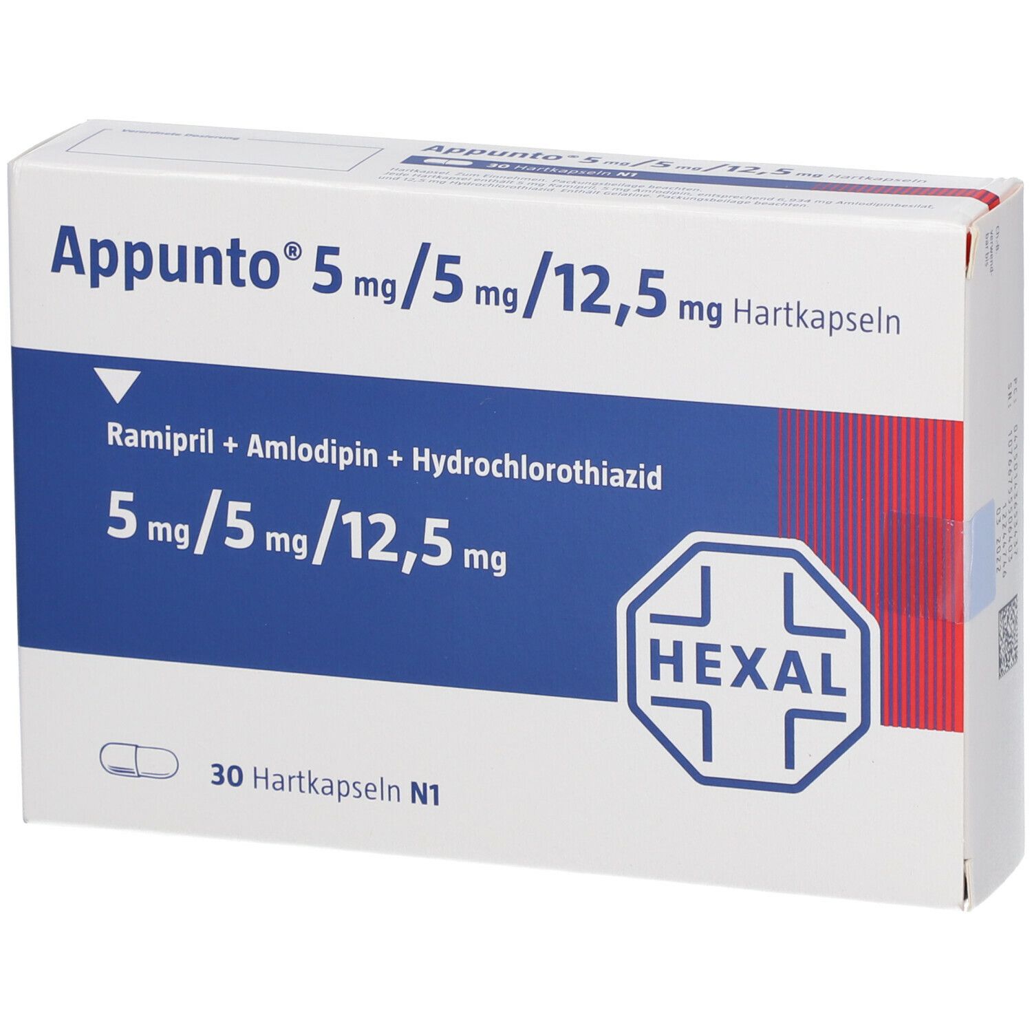 Schachtel mit Appunto 5 mg/5 mg/12,5 mg Hartkapseln. Blaue und weiße Farbgebung. Enthält 30 Kapseln. Hexal-Logo.