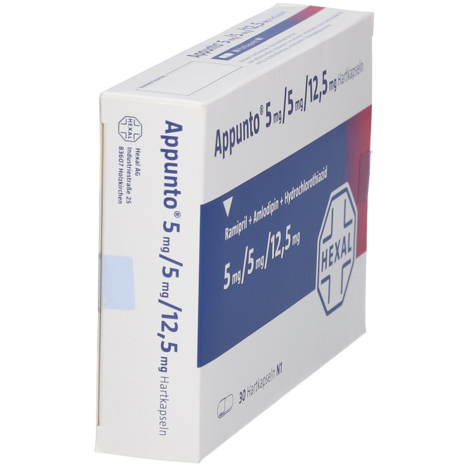 Schachtel Appunto 5 mg/5 mg/12,5 mg Hartkapseln. Blaue und weiße Farbgebung. Hexal-Logo. Seitenansicht.