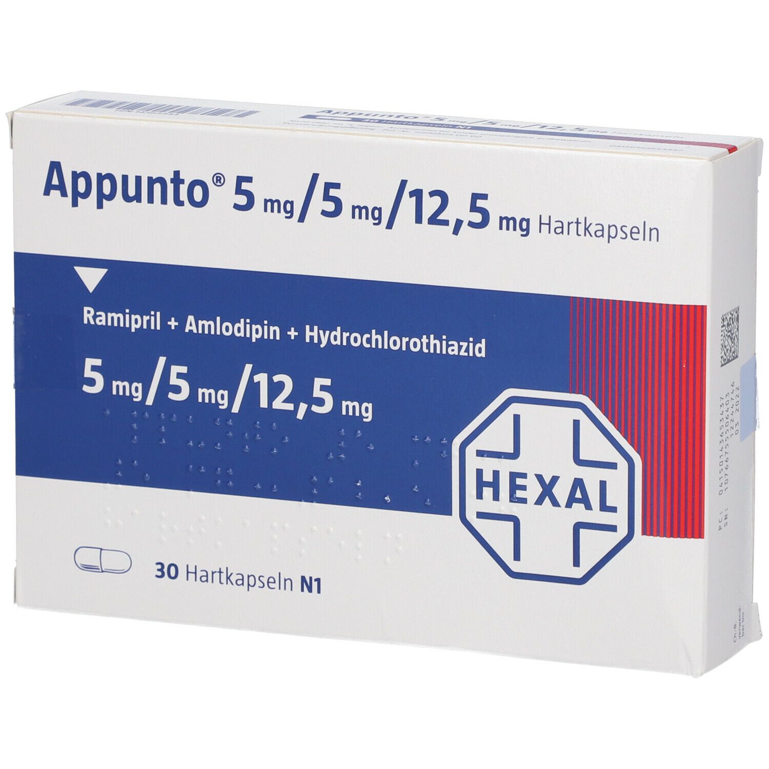 Schachtel mit Appunto 5 mg/5 mg/12,5 mg Hartkapseln. Blaue und weiße Farbgebung. Enthält 30 Kapseln. Hexal-Logo.