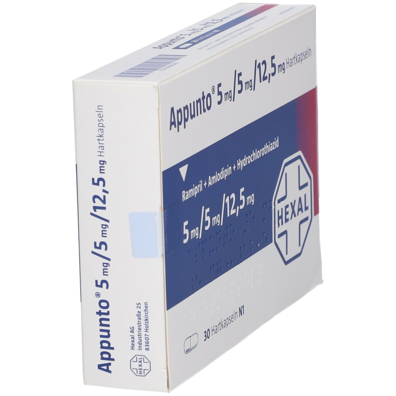 Schachtel Appunto 5 mg/5 mg/12,5 mg Hartkapseln. Blaue und weiße Farbgebung. Hexal-Logo. Schräge Ansicht.