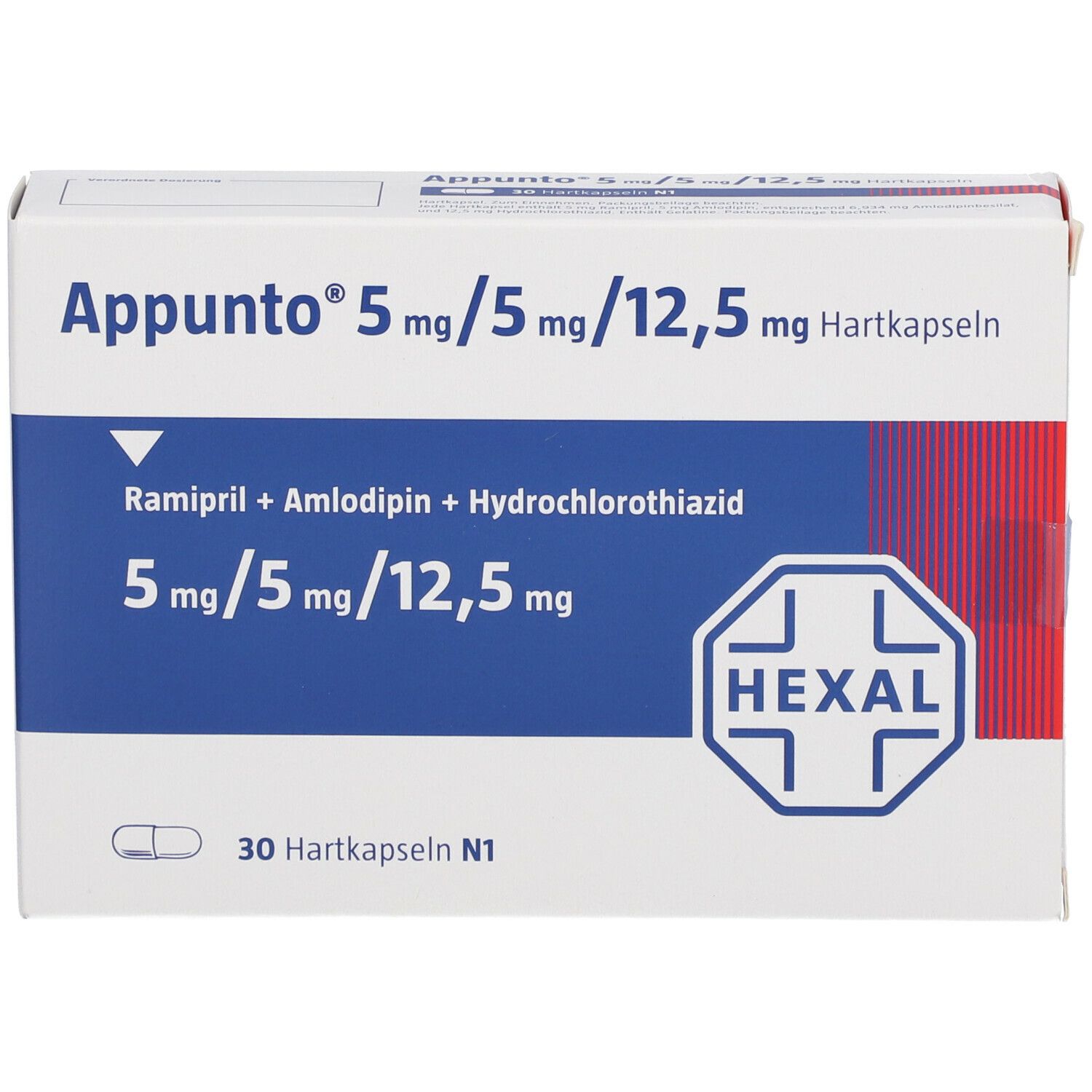 Schachtel mit Appunto 5 mg/5 mg/12,5 mg Hartkapseln. Blaue und weiße Farbgebung. Enthält 30 Kapseln. Hexal-Logo.