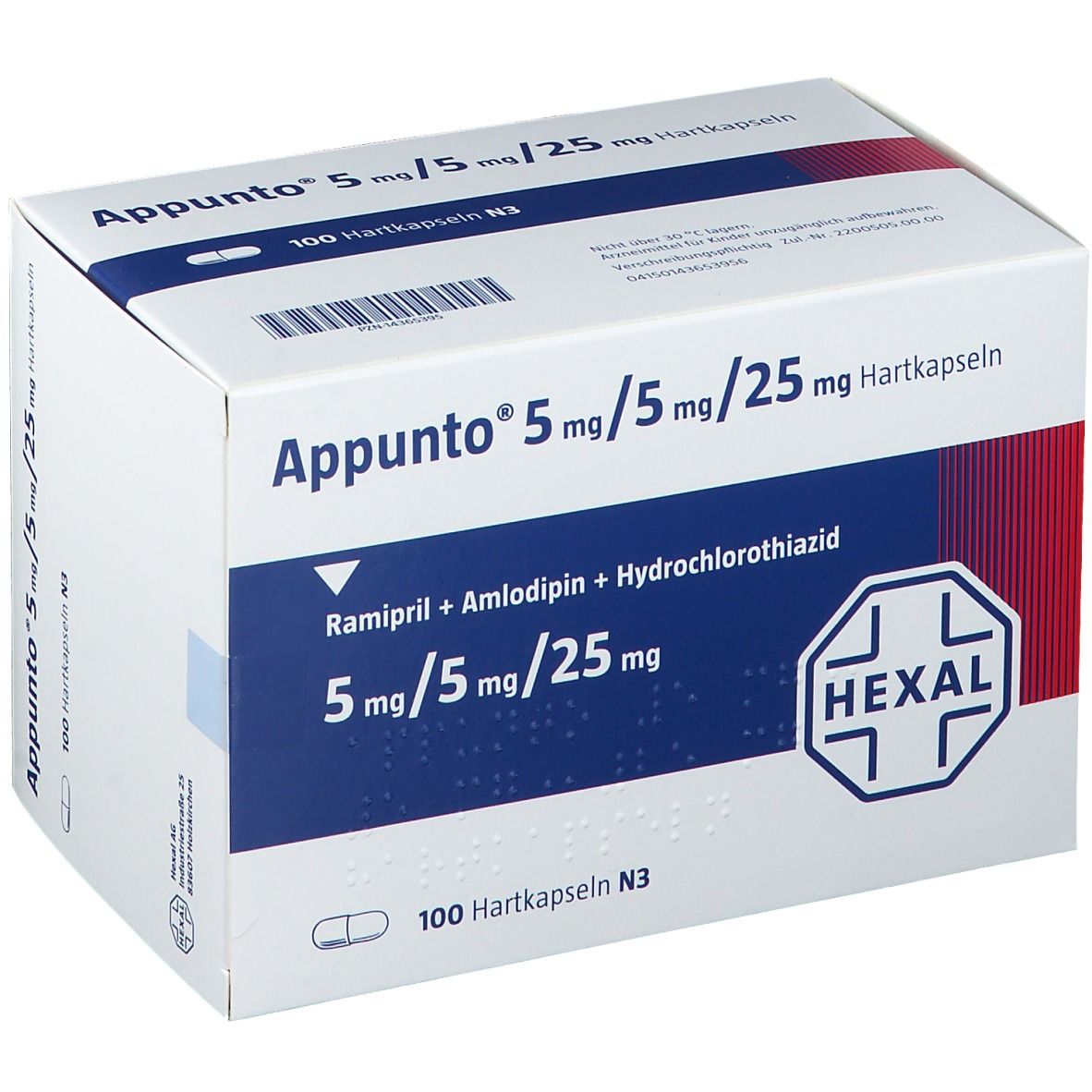 Karton mit Appunto 5 mg/5 mg/25 mg Hartkapseln. Blaue und weiße Verpackung mit Produktnamen und Inhaltsstoffen. Hexal-Logo.