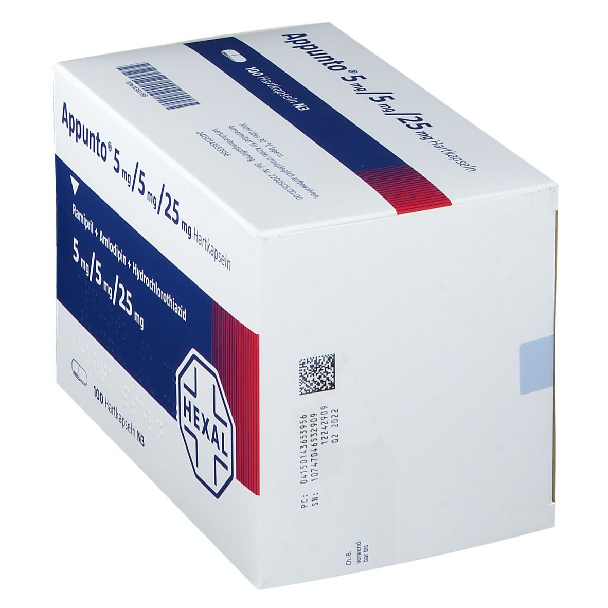 Schräg gestellte Verpackung von Appunto 5 mg/5 mg/25 mg Hartkapseln. Weiße Schachtel mit Produktinformationen und Hexal-Logo.