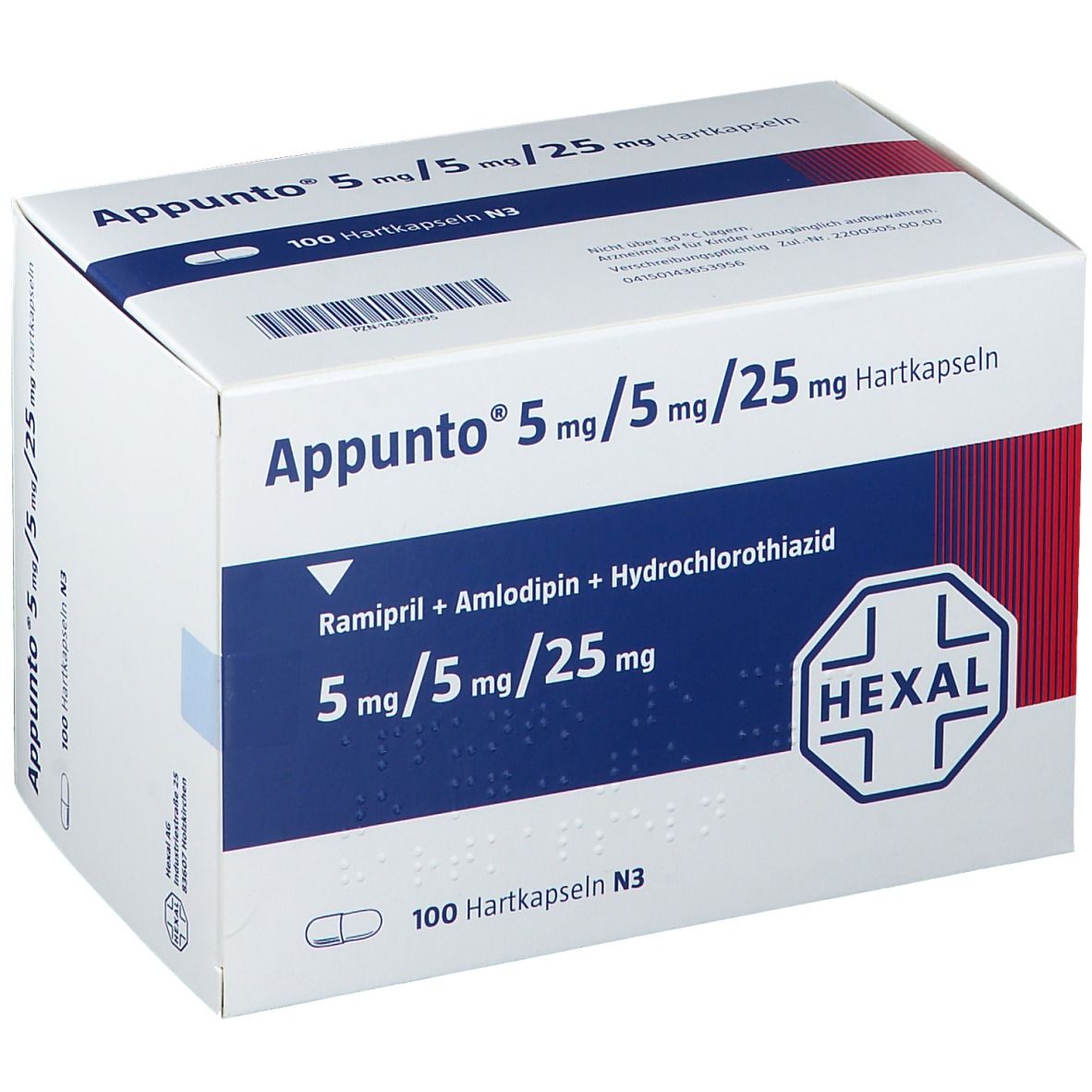 Karton mit Appunto 5 mg/5 mg/25 mg Hartkapseln. Blaue und weiße Verpackung mit Produktnamen und Inhaltsstoffen. Hexal-Logo.