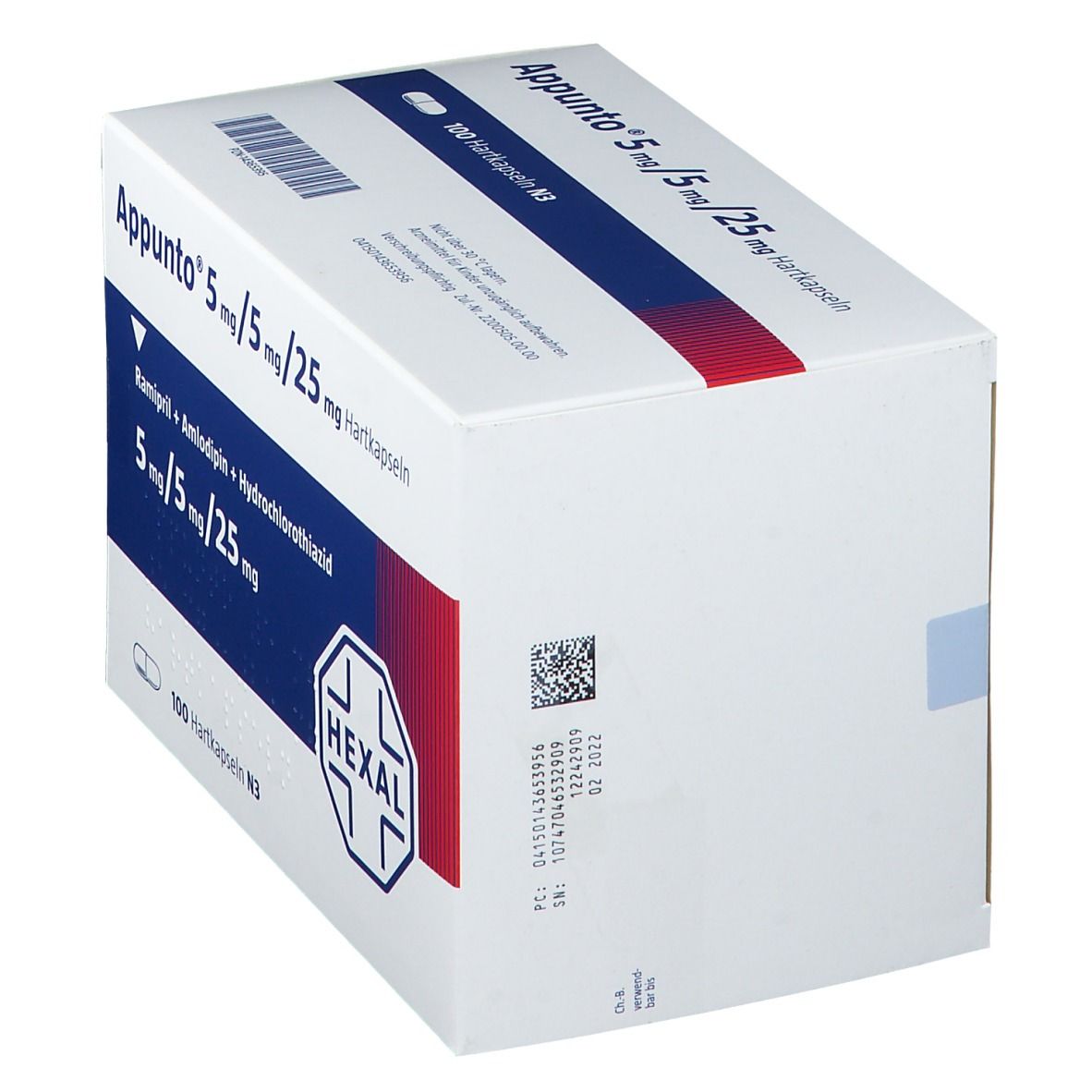 Schräg gestellte Verpackung von Appunto 5 mg/5 mg/25 mg Hartkapseln. Weiße Schachtel mit Produktinformationen und Hexal-Logo.