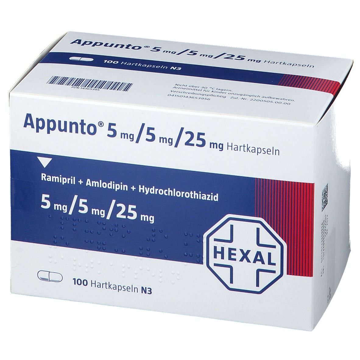 Karton mit Appunto 5 mg/5 mg/25 mg Hartkapseln. Blaue und weiße Verpackung mit Produktnamen und Inhaltsstoffen. Hexal-Logo.