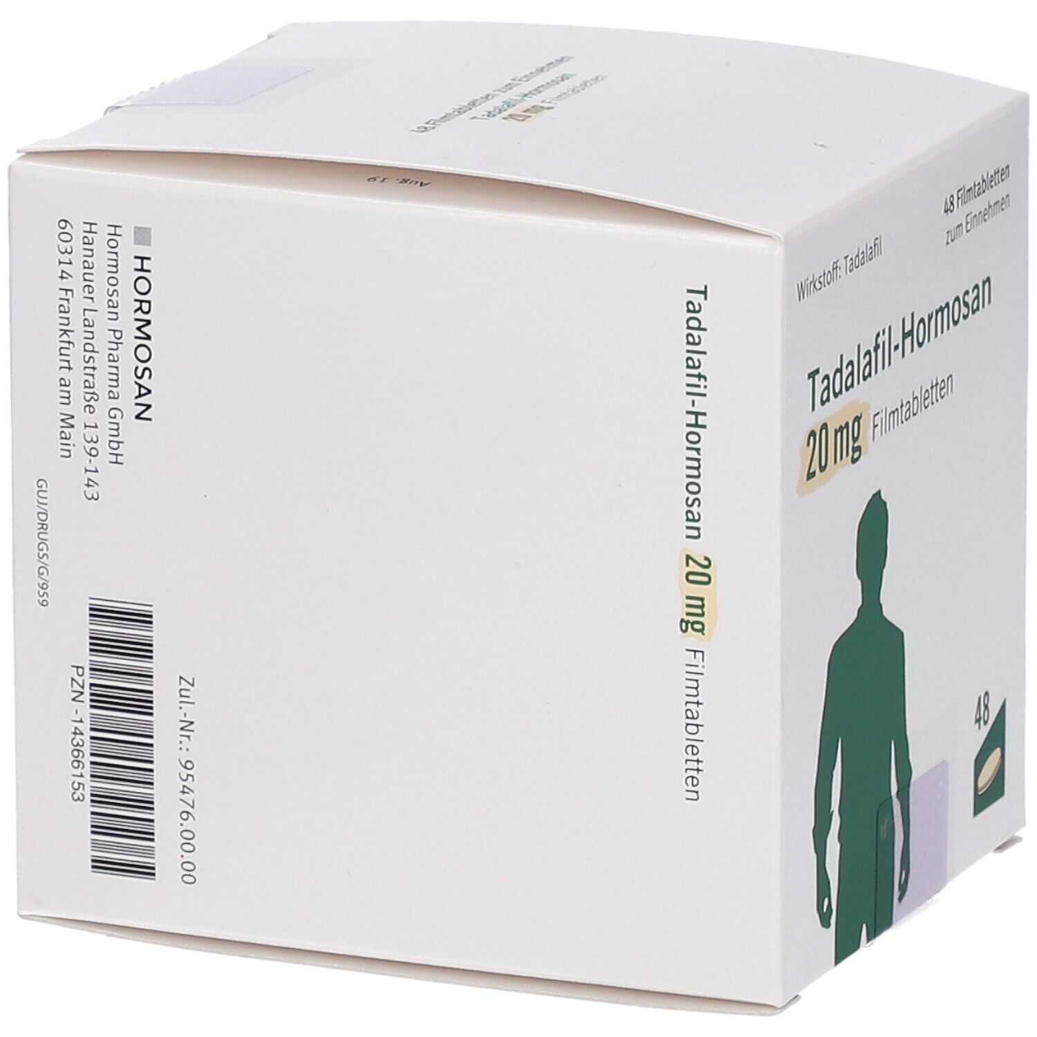 Weiße Faltschachtel mit Tadalafil-Hormosan 20 mg. Grünem Männchen-Umriss. 48 Filmtabletten. Firmenadresse Hormosan.