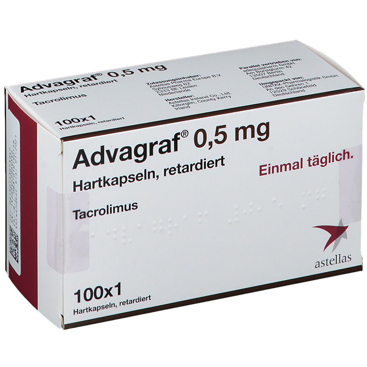 ADVAGRAF 0,5 mg Hartkapseln retardiert. Weiße Schachtel mit rotem Akzent. Text: 100x1, Tacrolimus, astellas.