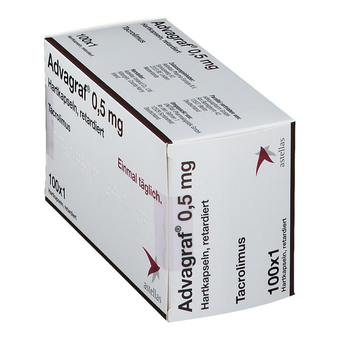 ADVAGRAF 0,5 mg Hartkapseln retardiert. Schachtel, schräg. Text: 100x1, Tacrolimus, astellas.