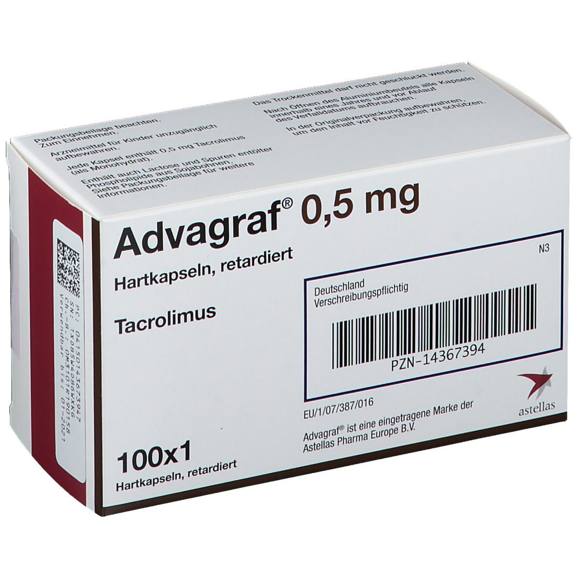 ADVAGRAF 0,5 mg Hartkapseln retardiert. Schachtel. Text: 100x1, Tacrolimus, astellas, PZN-14367394.