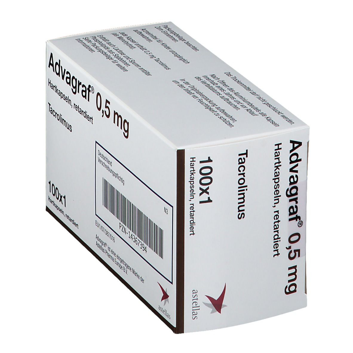 ADVAGRAF 0,5 mg Hartkapseln retardiert. Schachtel, schräg. Text: 100x1, Tacrolimus, astellas, PZN-14367394.
